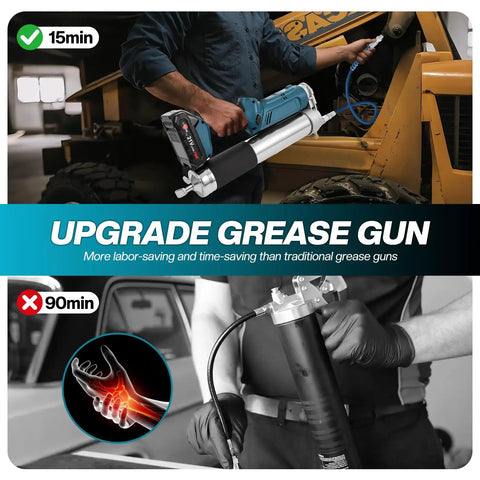 Person using 2-In-1 Cordless Grease Gun Kit With Dual Grips, 12,000 PSI High Pressure, on heavy machinery, showing LED light and accessories