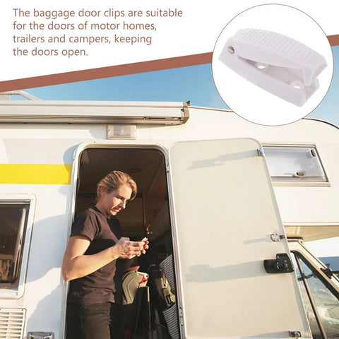 Must-Have White Stainless Steel And Abs Baggage Door Catch Clip For Rv Trailer Camper securing an RV door while a person checks their phone.