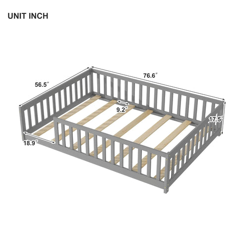 Full Floor Bed With Safety Guard Rails In Grey, Rubber Wood Low Profile Platform Frame For Kids, Super Solid Wood Sleep Setup