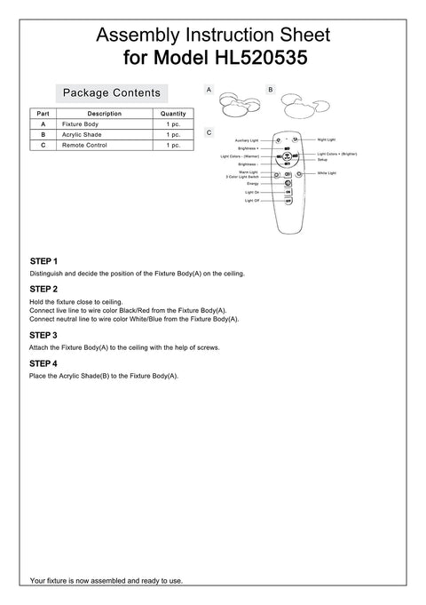 Assembly instruction sheet for Cartoon Mouse Head Acrylic Dimmable LED Ceiling Light for Kids Rooms Modern Flush Mount Fixture with Stepless Dimming Eye Protection Glow Dope Cute Nighttime Decor for Girls Rooms and Kids Bedrooms.