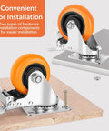 Heavy duty caster wheels with brakes installed on board, showcasing convenient installation with two types of hardware options for secure attachment.