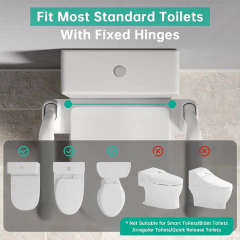Thick Cast Iron Toilet Safety Rails For Seniors Featuring Slick Fold Handles And Non Slip Base Rock Solid Bathroom Assist Frame showing compatibility with standard toilets.