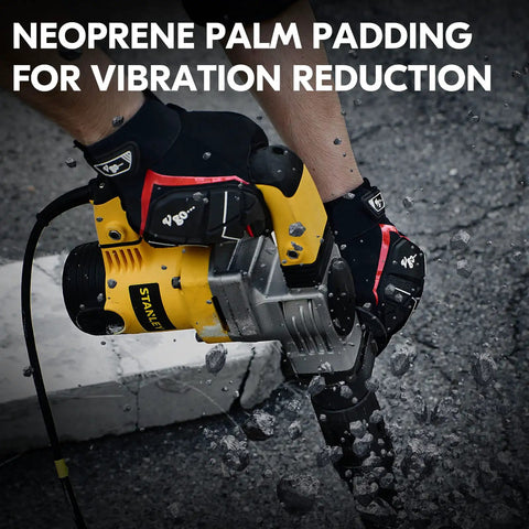 1 Pair Heavy Duty Mechanic Work Gloves with Synthetic Leather Palm and Beefy PVC Nitrile Neoprene Reinforcements for Wear Resistance and Vibration Reduction Touchscreen Compatible Black Red Size Large All Purpose Power Tool and Construction Grip being used with heavy machinery outdoors