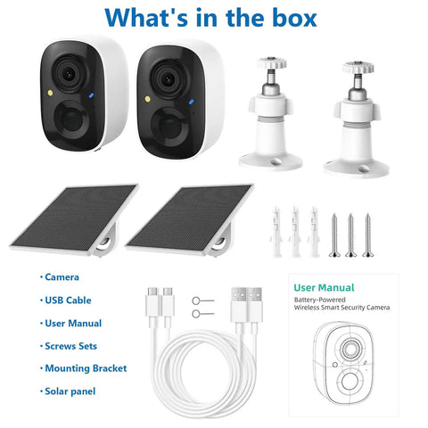 Components of Solar Powered Wireless Outdoor Security Camera Set 2 Pack 2.4GHz WiFi Motion Detection Color Night Vision