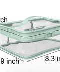 Two Pack Transparent Waterproof Makeup Bag Set With Zippered Cosmetic Pouches For Travel Grab And Go Easy Access Clear PVC Toiletry Organizer Durable Portable Storage Eight Point Three By Five Point Nine By Three Point Five Inch Pink And Green shown in green with measurements