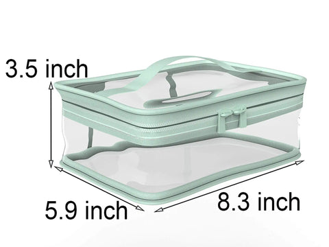 Two Pack Transparent Waterproof Makeup Bag Set With Zippered Cosmetic Pouches For Travel Grab And Go Easy Access Clear PVC Toiletry Organizer Durable Portable Storage Eight Point Three By Five Point Nine By Three Point Five Inch Pink And Green shown in green with measurements