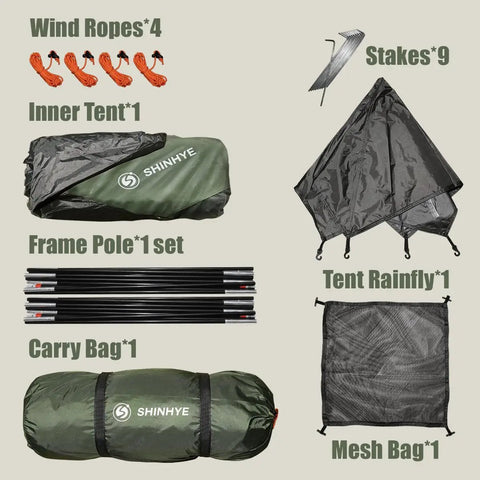 Components of 2 Person Ultralight Backpacking Tent For Camping With Waterproof Windproof Build Two Doors Easy Quick Setup