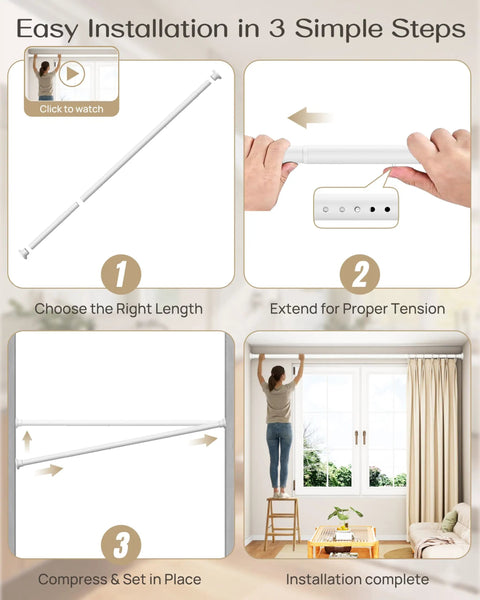 Heavy Duty Tension Curtain Rod No Drill Extendable 42 To 123 Inches Anti Slip Spring Loaded Renter Friendly White Curtain Rod installation steps