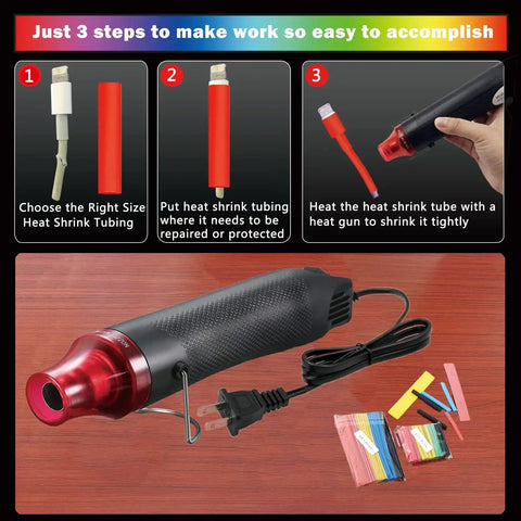 Dope Wire Heat Shrink Tubing Kit With Mini Heat Gun and Storage Box 328 Pcs; instructions for using heat gun with tubing.