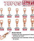 Diagram showing 78 pieces of battery cable lugs in sizes 10 AWG to 2 AWG, part of the Beefy Battery Cable Lug Crimping Tool Kit For AWG 10 To 1/0 Heavy Duty Electrical Lug Crimper With 78 Wire Lugs And 110 Heat Shrink Tubes High Precision Jaw And Versatile Wire Terminal Crimping Set.