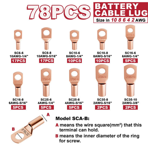 Diagram showing 78 pieces of battery cable lugs in sizes 10 AWG to 2 AWG, part of the Beefy Battery Cable Lug Crimping Tool Kit For AWG 10 To 1/0 Heavy Duty Electrical Lug Crimper With 78 Wire Lugs And 110 Heat Shrink Tubes High Precision Jaw And Versatile Wire Terminal Crimping Set.