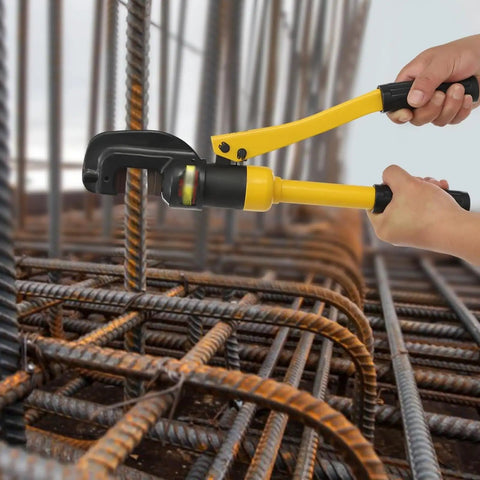 Hands using 13 Ton Hydraulic Rebar Cutter Tool For Pros And Builders Manual Hydraulic Rebar Cutter Portable Handheld Steel Rebar Cutter