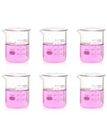 Six Pack 50Ml Thick Glass Beaker Set With 3.3 Boro Borosilicate Griffin Low Form Double Scale Graduation Marks For Chemistry Experiments ASTM E960 Compliant Lab Grade displaying pink liquid inside each beaker, arranged in two rows