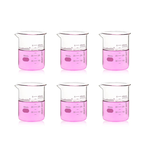 Six Pack 50Ml Thick Glass Beaker Set With 3.3 Boro Borosilicate Griffin Low Form Double Scale Graduation Marks For Chemistry Experiments ASTM E960 Compliant Lab Grade displaying pink liquid inside each beaker, arranged in two rows