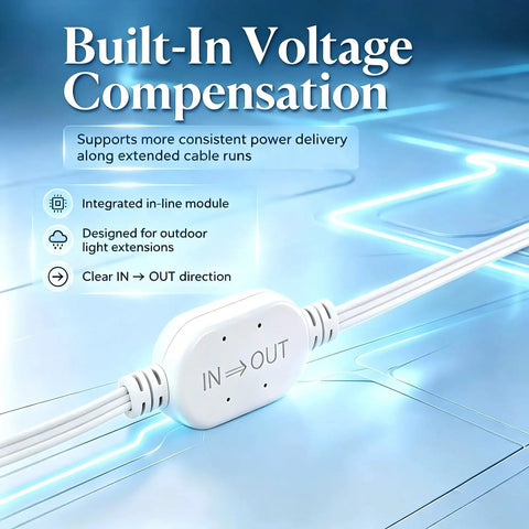 Heavy Duty Thirty Two Foot Outdoor Permanent Lighting Extension Cord Featuring Built In Voltage Booster with in-line module for power stability.