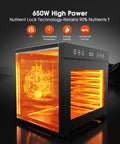 Heavy Duty Food Dehydrator With 650 Watt Motor And Eight Stainless Steel Trays Featuring Adjustable Temp and Timer Controls Plus Interior Light For Knocking Out Big Batches Of Beef Jerky Fruit Snacks Dried Herbs And Custom Dog Treats Effortlessly, showcasing clear orange interior and control panel.