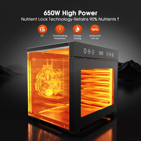 Heavy Duty Food Dehydrator With 650 Watt Motor And Eight Stainless Steel Trays Featuring Adjustable Temp and Timer Controls Plus Interior Light For Knocking Out Big Batches Of Beef Jerky Fruit Snacks Dried Herbs And Custom Dog Treats Effortlessly, showcasing clear orange interior and control panel.