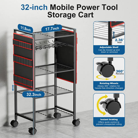 Front view of a 32-inch mobile power tool storage cart with adjustable shelves and 360-degree rotating wheels.