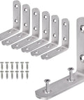 Heavy Duty Stainless Steel L Brackets For Wood Shelves And Furniture, Rust Proof Right Angle Corner Brackets With 108 Screws, Rock Solid Shelf Mounting Hardware Kit 18 Pieces, showing six brackets and screws.