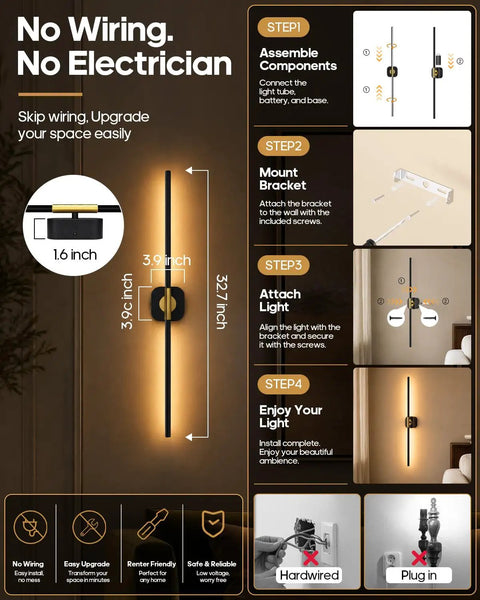 GOODEA Rechargeable RGB Wall Sconce with 2 Replaceable Batteries installation guide showing assembly steps and dimensions.