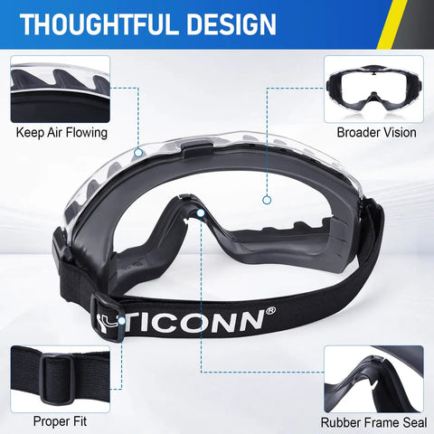 Anti Fog Safety Goggles That Fit Over Glasses Adjustable Strap ANSI Z87.1 UV385 Eye Protection For Adults Durable Lenses