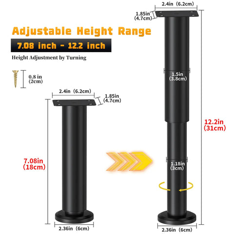 4 Piece Heavy Duty Adjustable Height Bed Support Legs With Swivel Base For Bed Frame Sofa Cabinet And Table Metal Replacement Feet with adjustable height from 7.08 inch to 12.2 inch.