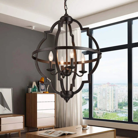 Brown Four Light Pendant With Cage Design For Dining Room Or Foyer Dope Industrial Style Ceiling Light Fixture ETL Listed 60 Watt Bulbs Not Included Modern Rustic Ambiance, featuring a hanging installation in a modern room with large windows.