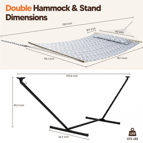 Outdoor Two Person Hammock With Solar Powered Lights And 12 Ft Stand Included Double Hammock In Light Gray dimensions diagram