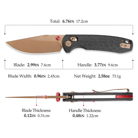 Dope Rose Gold Folding Knife for Men and Women 3 Inch 14C28N Steel Blade with PVD Coating, crossbar lock, carbon fiber G10 handle