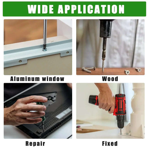 Wide application collage of Stainless Steel Wood Screws Set 1200 Pcs Self Tapping Assortment Kit used on aluminum, wood projects.