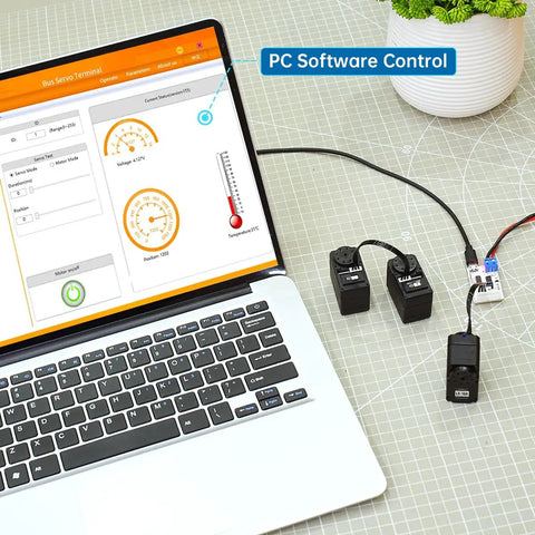 Laptop showing control software for Five Pack High Torque RC Servo With Controller And Debug Board For DIY Robots Dual Bearing Metal Gear