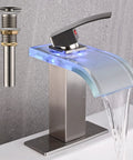 Dope LED Temperature Sensing Waterfall Vanity Faucet In Brushed Nickel With Color Changing Glow 1 Hole Mount Wide Glass Spout