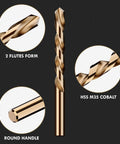 Left Hand Cobalt Drill Bit Set 13 Pc M35 High Speed Steel Jobber Length For Hardened Metal, Stainless Steel, Cast Iron, Wood And Plastic With Handy Index Storage Case 1/16 To 1/4 Inch showing close-up of 2 flutes form, HSS M35 cobalt, and round handle