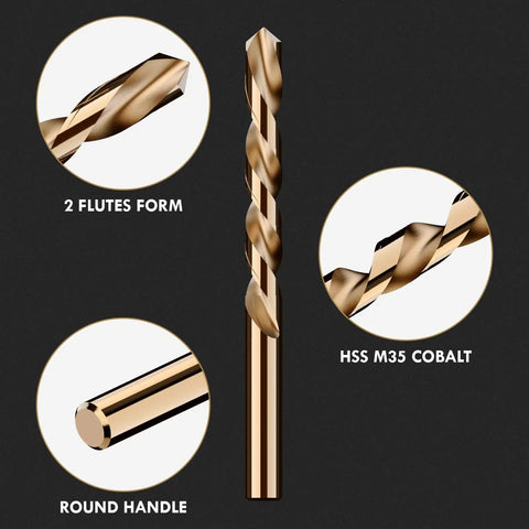 Left Hand Cobalt Drill Bit Set 13 Pc M35 High Speed Steel Jobber Length For Hardened Metal, Stainless Steel, Cast Iron, Wood And Plastic With Handy Index Storage Case 1/16 To 1/4 Inch showing close-up of 2 flutes form, HSS M35 cobalt, and round handle