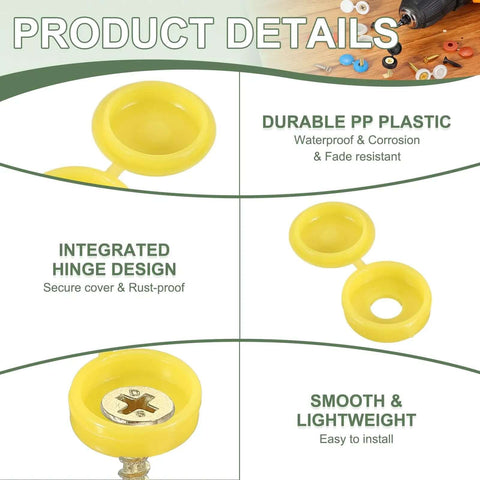 Product details of 120 Pack Lemon Yellow Snap-Shut Screw Covers 6 Millimeter Plastic Hinged Fold Wrap Concealer showing hinge design.