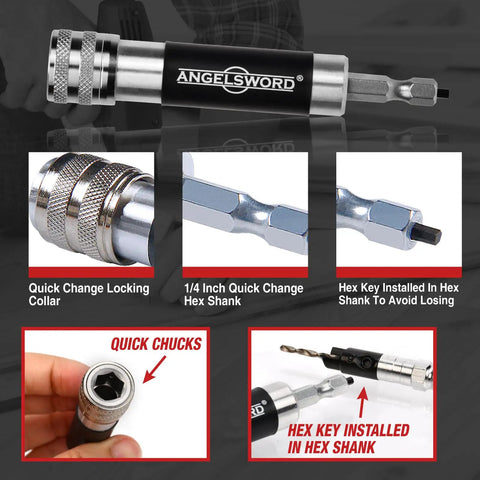Pro Grade Premium Countersink Drill Bit Set With Flip Drive For Wood 6 8 10 Sizes, Complete 4 Pack, showing locking collar and hex shank.