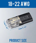 Close-up of 2 Pin Quick Disconnect Plug In Connector For Low Voltage 18-22 AWG Wire, black and clear plastic, with dimensions.