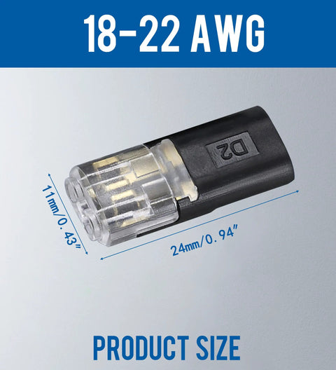 Close-up of 2 Pin Quick Disconnect Plug In Connector For Low Voltage 18-22 AWG Wire, black and clear plastic, with dimensions.