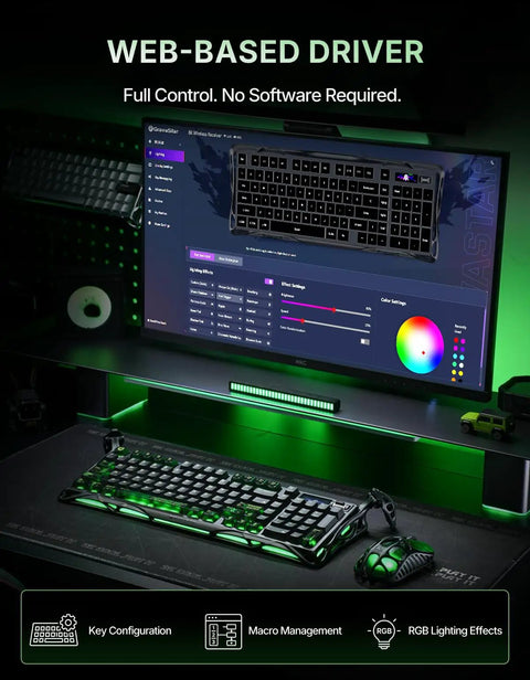 Slick 98 Key Wireless Mechanical Gaming Keyboard With Tri Mode Connectivity Bluetooth 5.4 And USB C Wired Hookups Featuring 8K Polling Rate displayed on a web interface for customization.