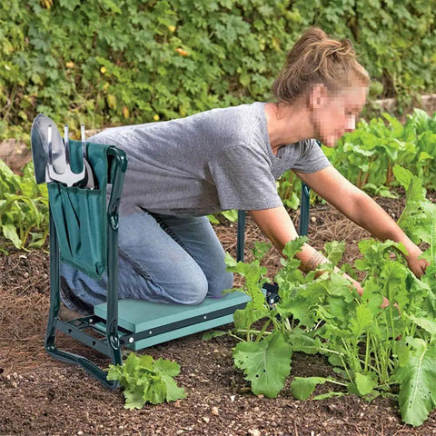 Person using Foldable Garden Kneeler And Tool Tote Portable Seat And Storage Bag With Multiple Pockets Hanging Organizer For Tools Gardening Stool Durable 600D Oxford Cloth Purple.