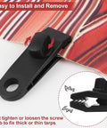 Close-up of tarp clip securing fabric, part of Five Pack 12 Inch Bungee Cords With Hooks And Tarp Clips, easy installation.