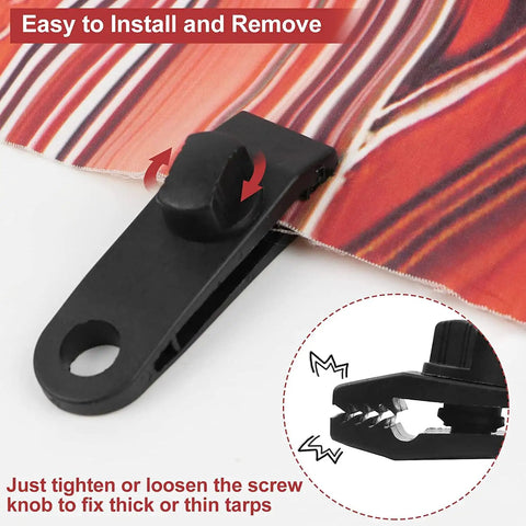 Close-up of tarp clip securing fabric, part of Five Pack 12 Inch Bungee Cords With Hooks And Tarp Clips, easy installation.