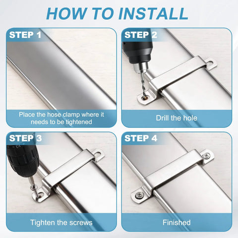 Installation guide for 40x40mm stainless steel pipe clamp set with steps to secure and mount using screws for durable projects.