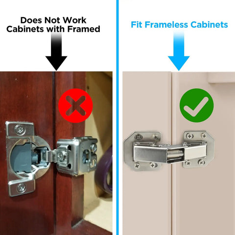 Comparison of traditional framed hinge and 4 Inch Surface Mount Hidden Hinges For Cabinets And Bookshelves, 90 Degree Concealed Hinges