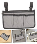 Gray Bed Rail Organizer Bag with adjustable strap and four storage pockets displayed on bed and bedside settings.