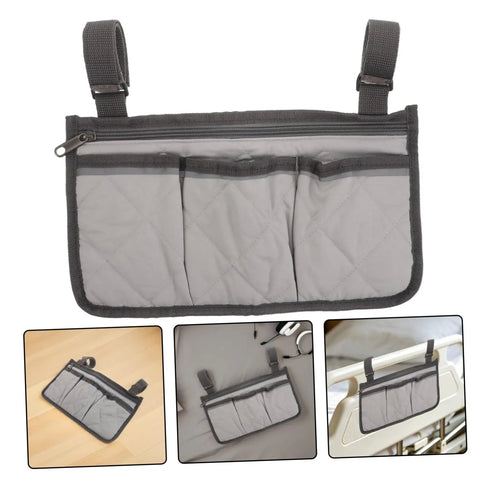 Gray Bed Rail Organizer Bag with adjustable strap and four storage pockets displayed on bed and bedside settings.