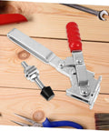 Heavy Duty Welding Toggle Clamps Set With Rubber Tips Two Pack Quick Release Workshop Clamps on wooden table
