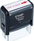 Top Shelf Self Inking Rubber Stamp For Signing And Dating With Arrow Graphics Red Ink on black mount, designed for quick impressions.