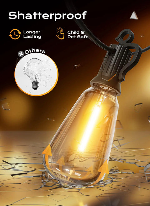 Close-up of 100 Foot Outdoor String Lights ST38 Shatterproof LED Bulb glowing on shattered glass background.