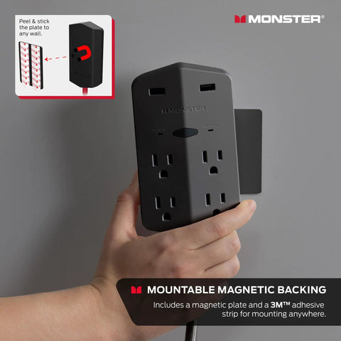 Power Shield XL Surge Protector with Outlet Extender 4 Grounded AC Outlets and 2 USB A Ports, shown in a hand with mountable backing